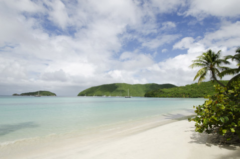 Calm sea and empty Maho Bay beach, St. John, United States Virgin Islands, USA.