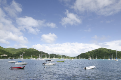 Boats anchored on calm Coral Bay, St. John, United States Virgin Islands, USA.