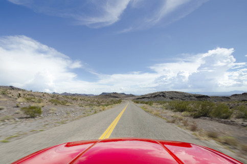 Route 66 seen from red car, Seligman, Arizona, USA.