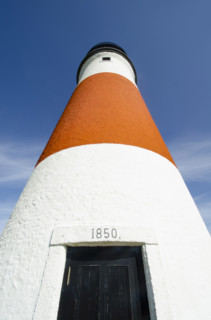 Low angle view of Sankaty Head Lighthouse against sky, Nantucket, Massachusetts, USA.