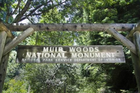 Wooden welcome sign at entrance to Muir Woods National Monument, Mill Valley, California, USA.