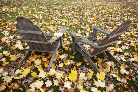 Two old Adirondack Chairs in Autumn, Chatham, New Jersey, USA.