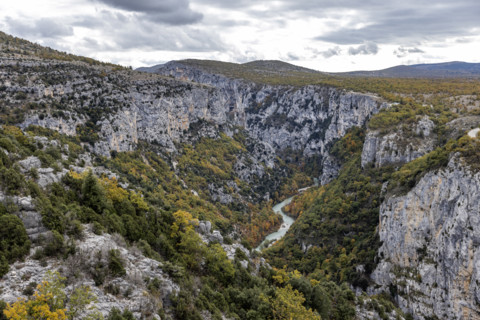 View of Verdon Gorge with Verdon River in distance, Gorges du Verdon, Provence, France.