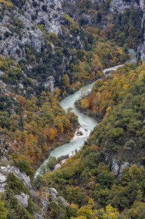 High angle view of Verdon River crossing Verdon Gorge , Gorges du Verdon, Provence, France.
