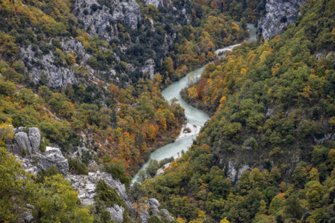 High angle view of Verdon River crossing Verdon Gorge, Gorges du Verdon, Provence, France.