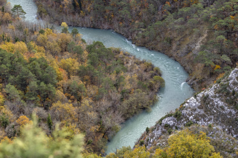 Verdon River crossing Verdon Gorge in Autumn, Gorges du Verdon, Provence, France.