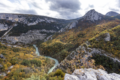 View of Verdon Gorge with Verdon River in distance, Gorges du Verdon, Provence, France.