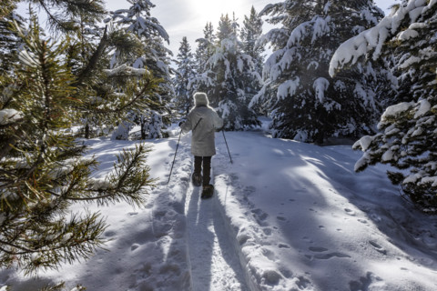 Rear view of woman snowshoeing in Winter landscape, Sun Valley, Idaho, USA.