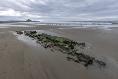 Storm clouds above beach with Morro Rock in distance, Morro Bay, California, USA.