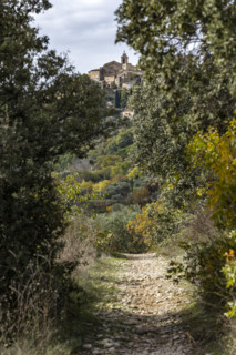 Rural pathway with old town in distance, Gordes, Vaucluse, France.