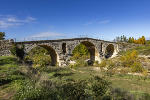 3rd century Roman bridge, Pont Julien, on sunny day, Bonnieux, Vaucluse, France.