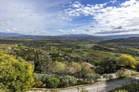 Road and green fields in Luberon Valley, Gordes, Vaucluse, France.