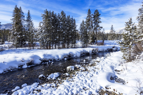 Shallow river in winter landscape, Sun Valley, Idaho, USA.