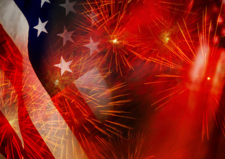 American flag and red fireworks, Boca Raton, Florida, USA.