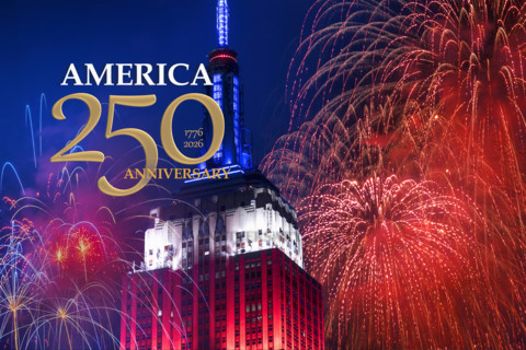 Empire State Building with 250th anniversary fireworks, New York City, New York, USA.