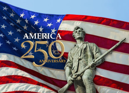 Statue of American revolutionary soldier with American flag, Concord, Massachusetts, USA.