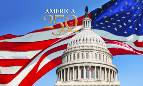 Capitol Building with American flag celebrating 250 anniversary of USA, Washington, District of