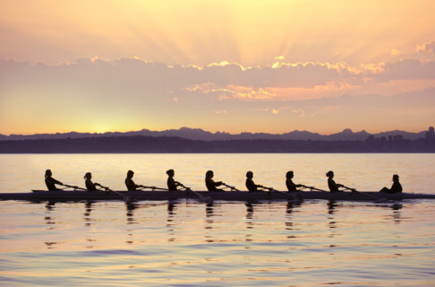 Silhouettes of team rowing boat in bay at sunset, Bainbridge Island, Washington, USA.
