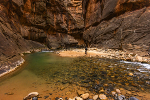 Rear view of woman hiking The Narrows of Virgin River