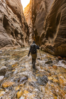 Rear view of woman hiking The Narrows of Virgin River
