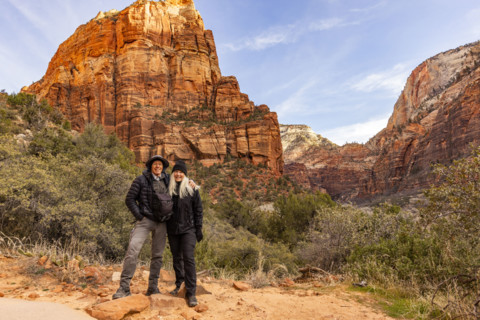 Portrait of senior couple with Angels Landing formation in background