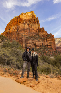 Portrait of senior couple with Angels Landing formation in background