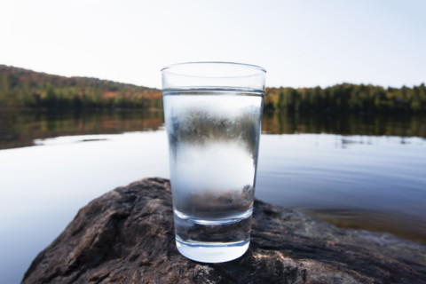 Glass of pure cold spring water by Northern Lake