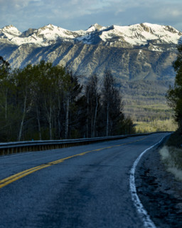 Empty highway 75 leading to Sawtooth Mountains