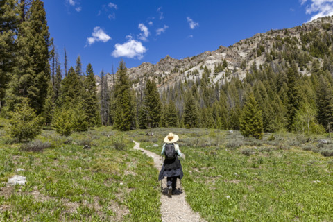 Rear view of woman hiking in Sun Valley
