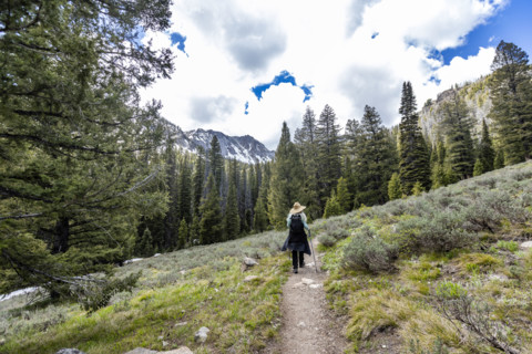 Rear view of woman hiking in Sun Valley