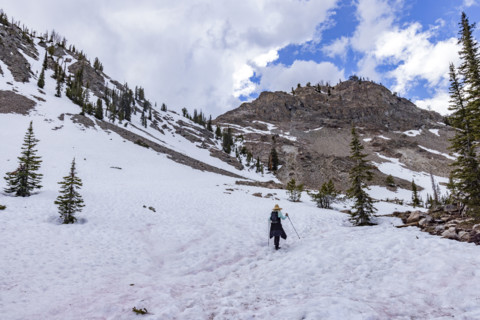 Rear view of woman hiking in Sun Valley