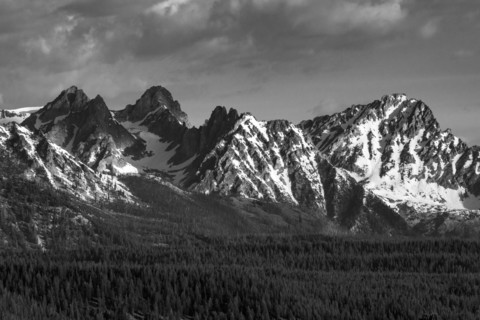 Sawtooth Mountains with snow patches, black and white