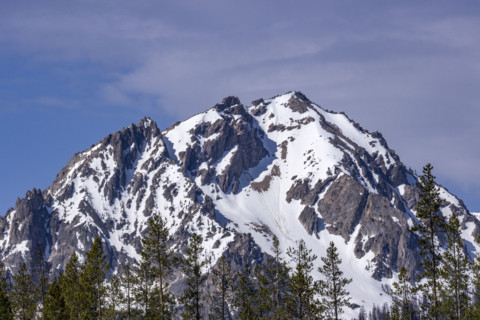 Snow covered Sawtooth Mountains peak
