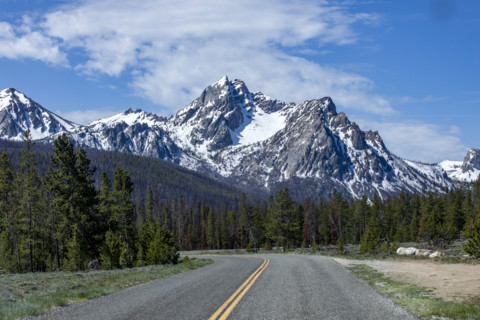 Empty Stanley Lake Road view to McGowan Peak