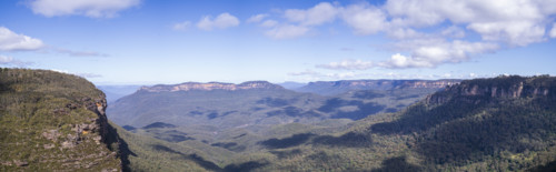 Panoramic view of Jamison Valley with Three Sisters and Mount Solitary
