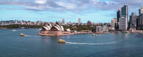 Panorama of Circular Quay including Opera House and ferry departure