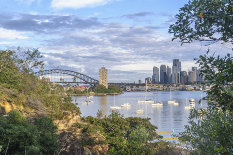 Sydney Harbour with yachts moored at sunset