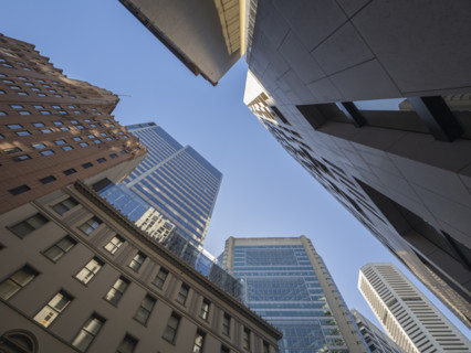 Low angle view of downtown buildings
