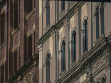 Close-up of historic apartment building