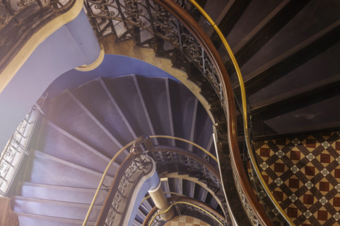 High angle view of historic spiral staircase