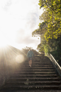 Rear view of woman walking up stairs into bright afternoon sunlight