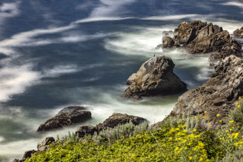 Water swirling around rocks, motion blur