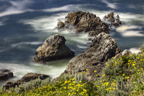 Water swirling around rocks, motion blur