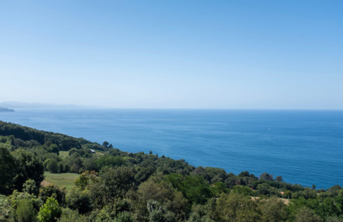 Clear sky over calm sea and green hill. San Sebastian, Gipuzkoa, Spain