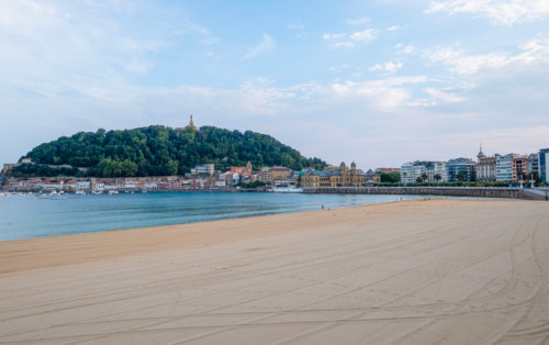 Empty Concha Beach and calm sea. San Sebastian, Gipuzkoa, Spain