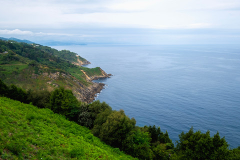 Green coastal hills and calm sea. San Sebastian, Gipuzkoa, Spain