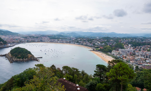 High angle view of bay and town. San Sebastian, Gipuzkoa, Spain