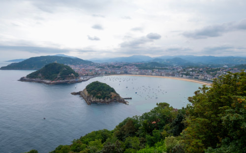 High angle view of bay and town. San Sebastian, Gipuzkoa, Spain