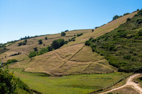 Green hills with fields and trails. Zumaia, Gipuzkoa, Spain
