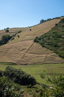 Green hills with fields and trails. Zumaia, Gipuzkoa, Spain